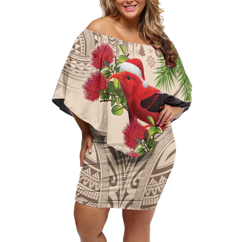 Christmas Hawaii with I'iwi Bird Off Shoulder Short Dress Aloha Mele Kalikimaka - Beige Art