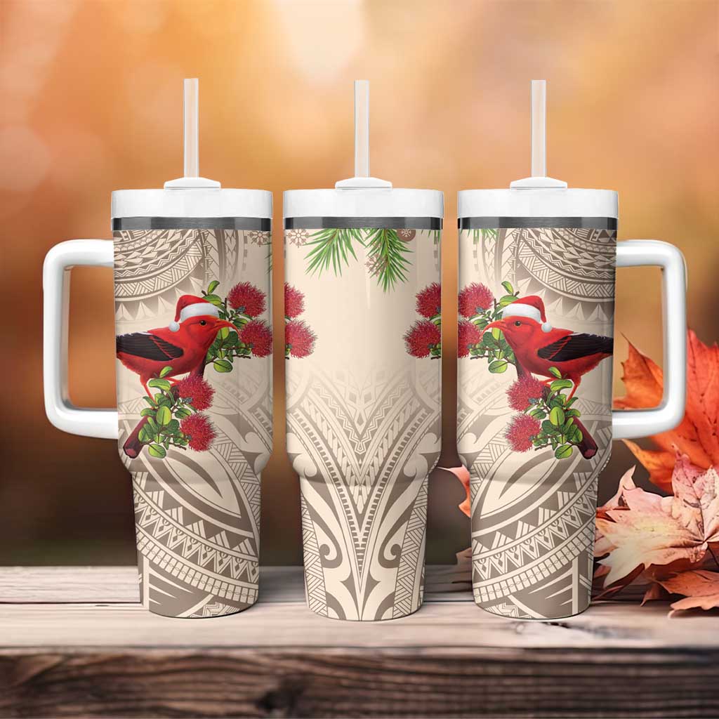 Christmas Hawaii with I'iwi Bird Tumbler With Handle Aloha Mele Kalikimaka - Beige Art
