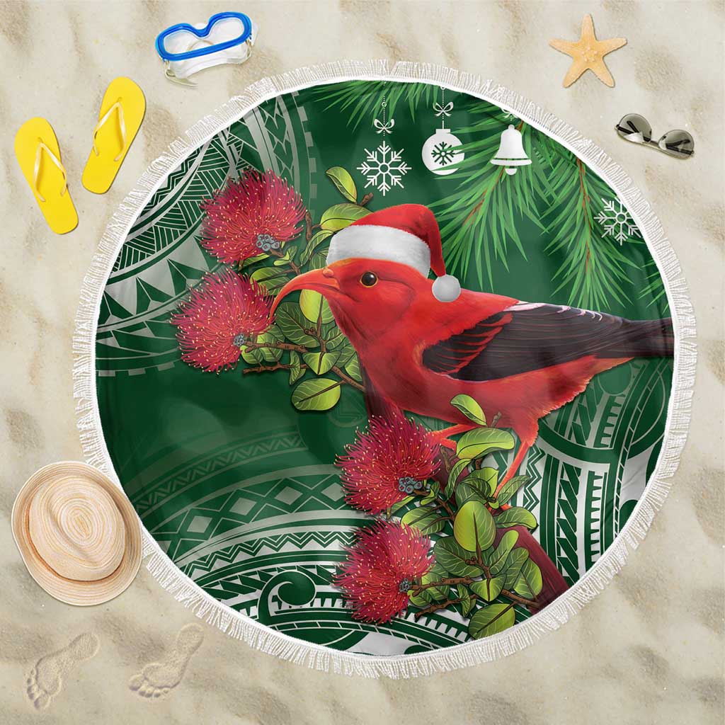 Christmas Hawaii with I'iwi Bird Beach Blanket Aloha Mele Kalikimaka - Green Art