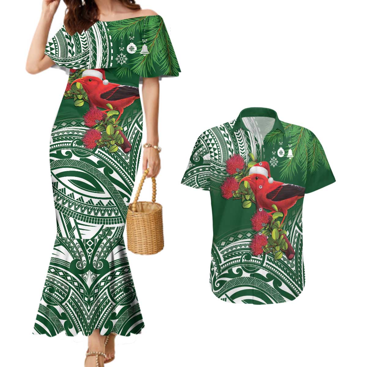 Christmas Hawaii with I'iwi Bird Couples Matching Mermaid Dress and Hawaiian Shirt Aloha Mele Kalikimaka - Green Art