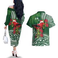 Christmas Hawaii with I'iwi Bird Couples Matching Off The Shoulder Long Sleeve Dress and Hawaiian Shirt Aloha Mele Kalikimaka - Green Art