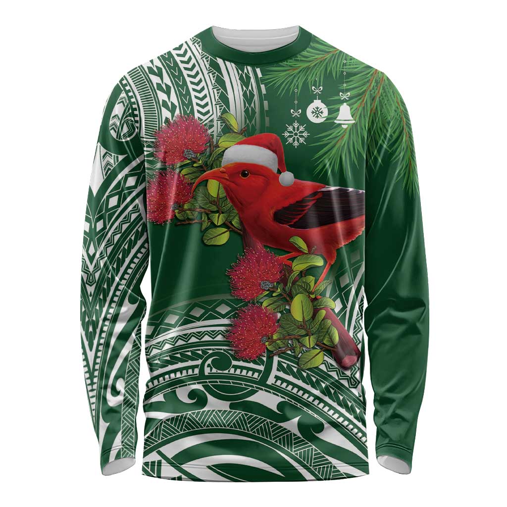 Christmas Hawaii with I'iwi Bird Long Sleeve Shirt Aloha Mele Kalikimaka - Green Art