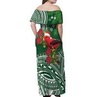 Christmas Hawaii with I'iwi Bird Off Shoulder Maxi Dress Aloha Mele Kalikimaka - Green Art
