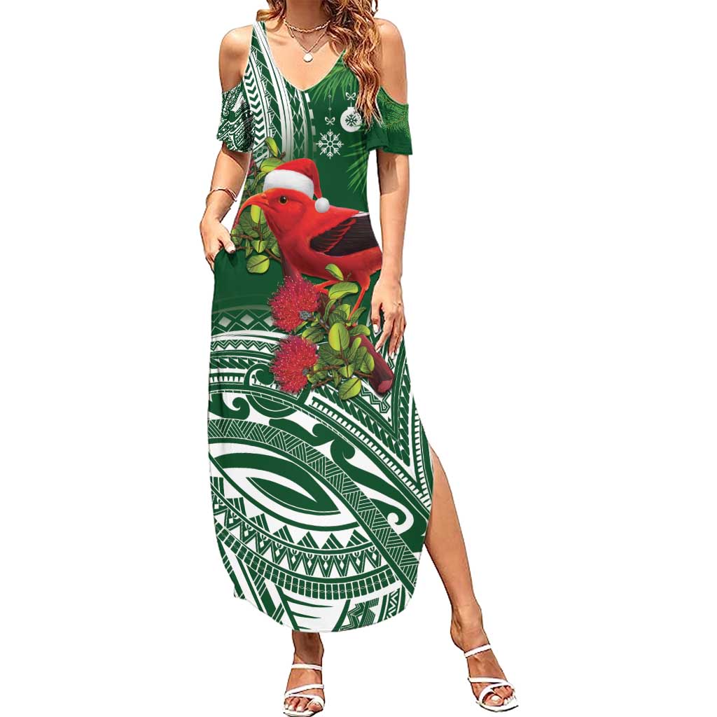 Christmas Hawaii with I'iwi Bird Summer Maxi Dress Aloha Mele Kalikimaka - Green Art