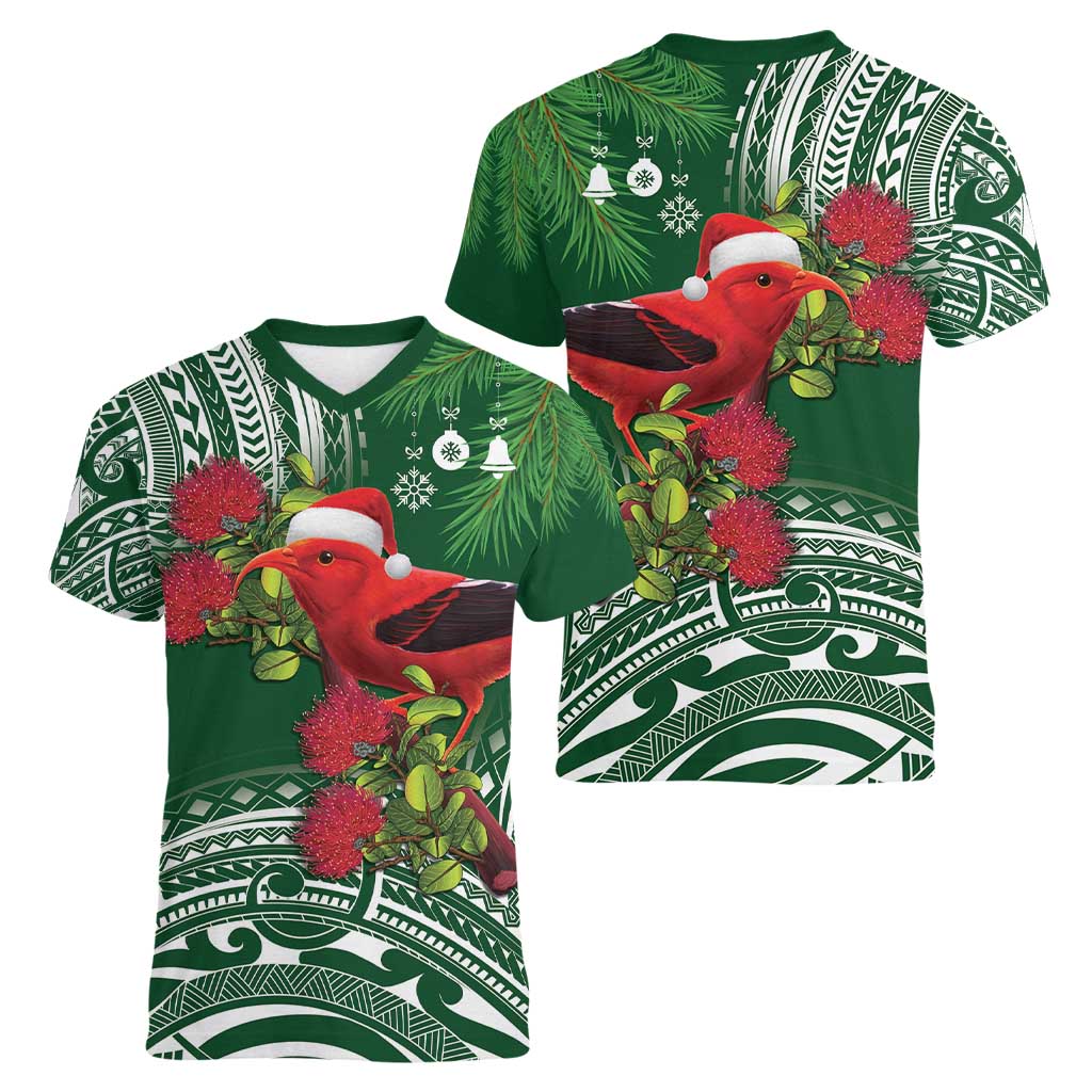 Christmas Hawaii with I'iwi Bird Women V-Neck T-Shirt Aloha Mele Kalikimaka - Green Art