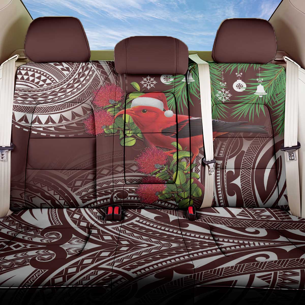 Christmas Hawaii with I'iwi Bird Back Car Seat Cover Aloha Mele Kalikimaka - Oxblood Art
