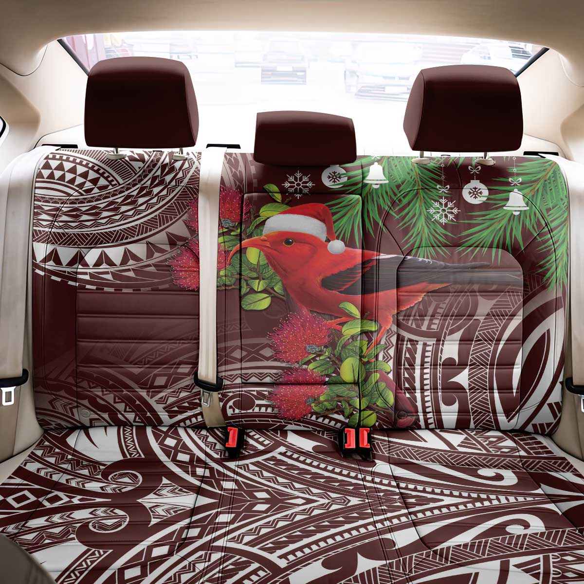 Christmas Hawaii with I'iwi Bird Back Car Seat Cover Aloha Mele Kalikimaka - Oxblood Art