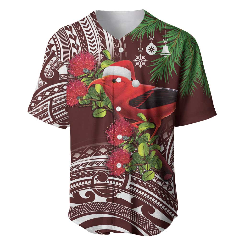 Christmas Hawaii with I'iwi Bird Baseball Jersey Aloha Mele Kalikimaka - Oxblood Art