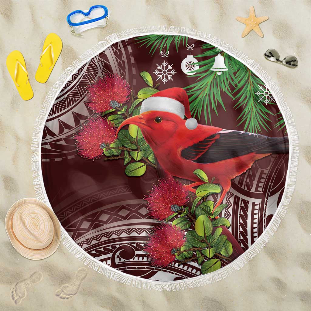 Christmas Hawaii with I'iwi Bird Beach Blanket Aloha Mele Kalikimaka - Oxblood Art