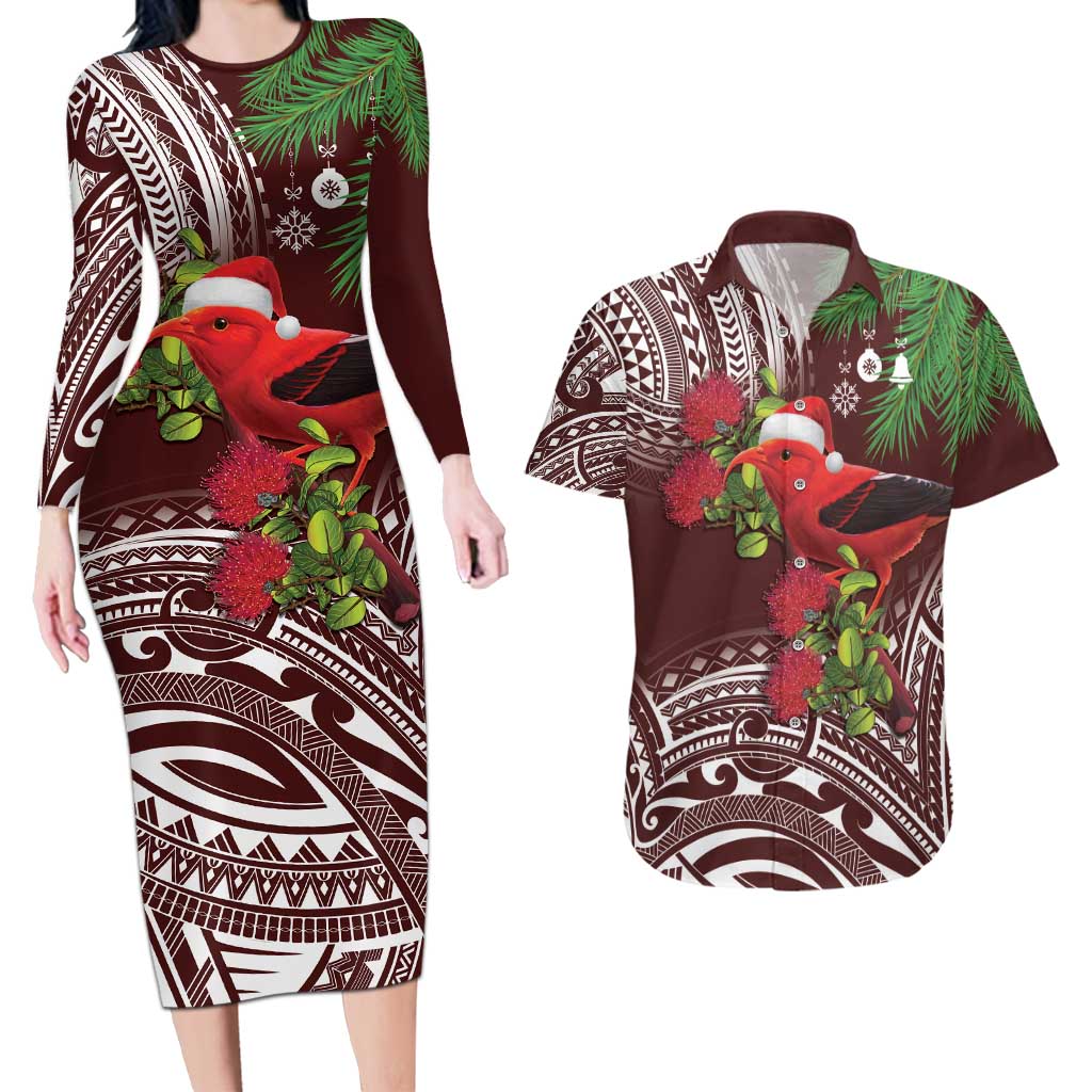 Christmas Hawaii with I'iwi Bird Couples Matching Long Sleeve Bodycon Dress and Hawaiian Shirt Aloha Mele Kalikimaka - Oxblood Art