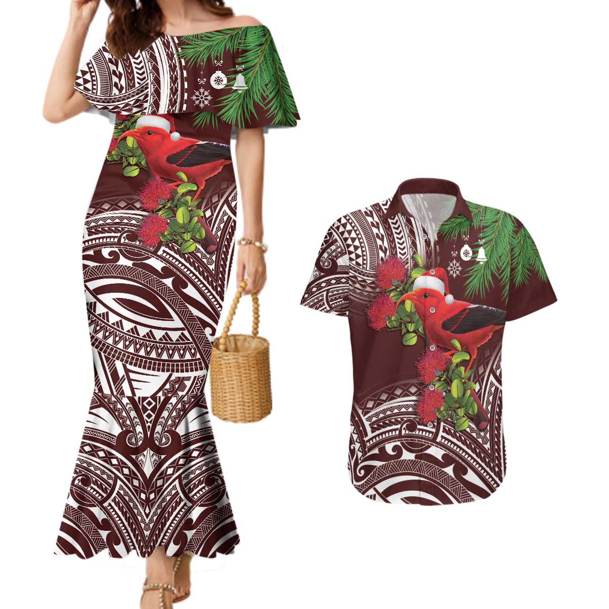 Christmas Hawaii with I'iwi Bird Couples Matching Mermaid Dress and Hawaiian Shirt Aloha Mele Kalikimaka - Oxblood Art