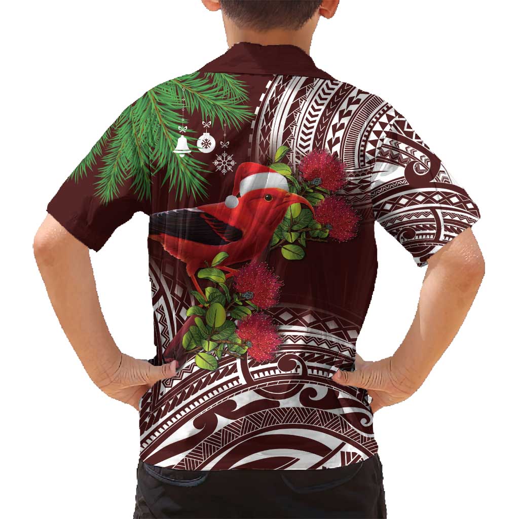 Christmas Hawaii with I'iwi Bird Family Matching Long Sleeve Bodycon Dress and Hawaiian Shirt Aloha Mele Kalikimaka - Oxblood Art LT9 - Polynesian Pride