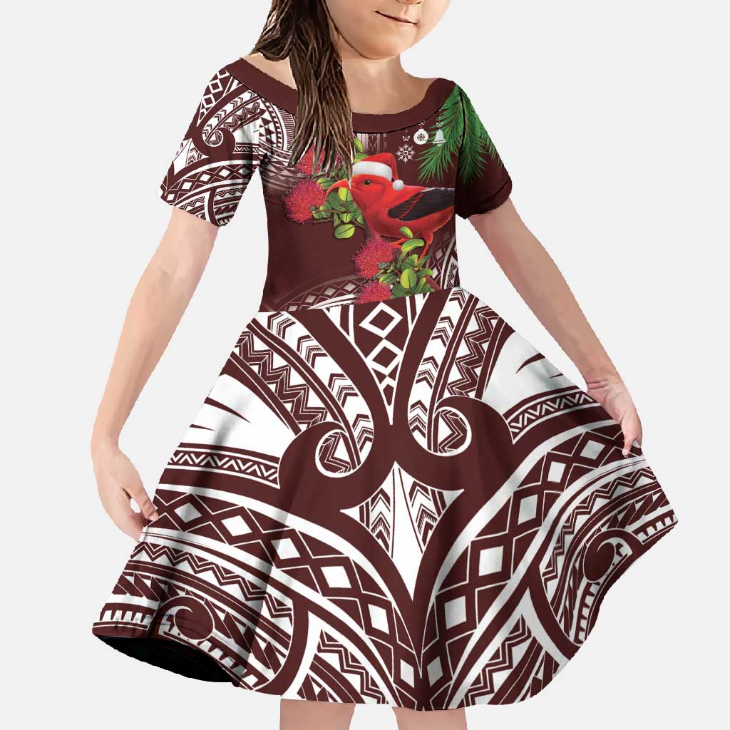 Christmas Hawaii with I'iwi Bird Family Matching Long Sleeve Bodycon Dress and Hawaiian Shirt Aloha Mele Kalikimaka - Oxblood Art LT9 Daughter's Dress Oxblood - Polynesian Pride