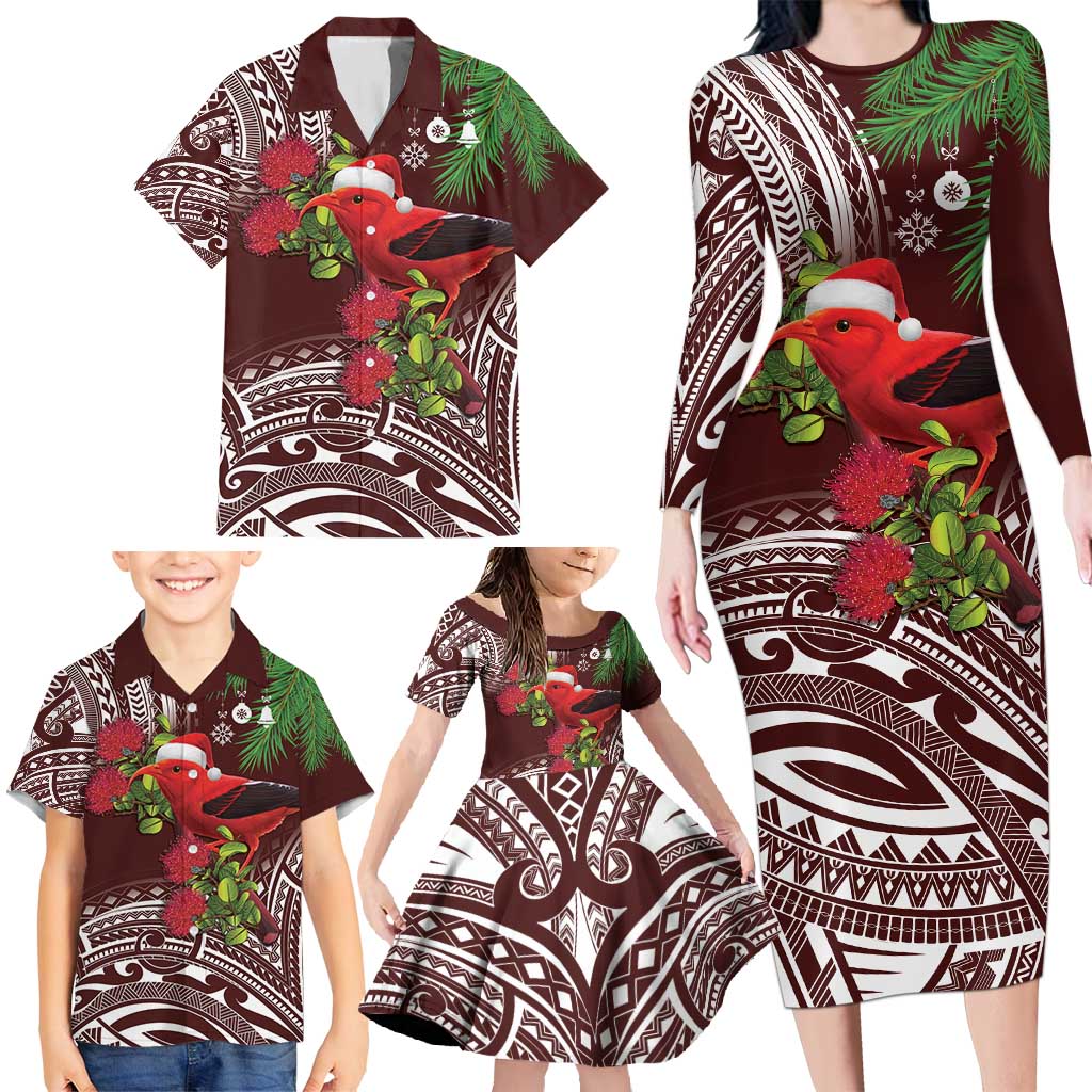 Christmas Hawaii with I'iwi Bird Family Matching Long Sleeve Bodycon Dress and Hawaiian Shirt Aloha Mele Kalikimaka - Oxblood Art LT9 - Polynesian Pride