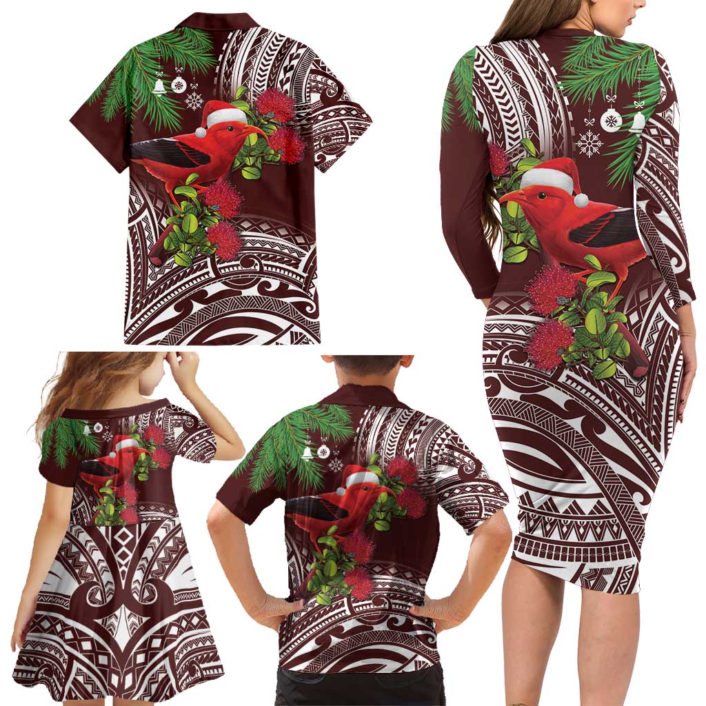 Christmas Hawaii with I'iwi Bird Family Matching Long Sleeve Bodycon Dress and Hawaiian Shirt Aloha Mele Kalikimaka - Oxblood Art LT9 - Polynesian Pride