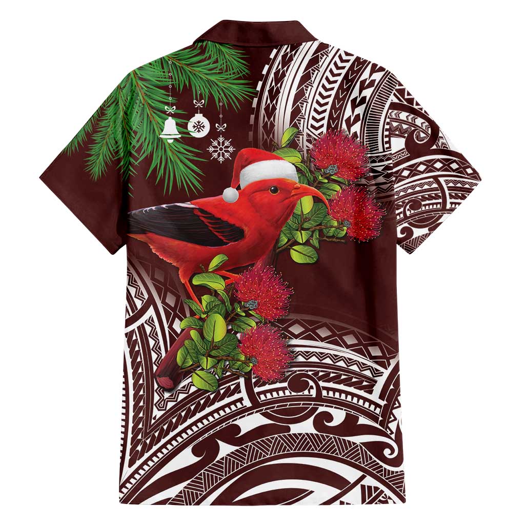 Christmas Hawaii with I'iwi Bird Family Matching Long Sleeve Bodycon Dress and Hawaiian Shirt Aloha Mele Kalikimaka - Oxblood Art LT9 - Polynesian Pride