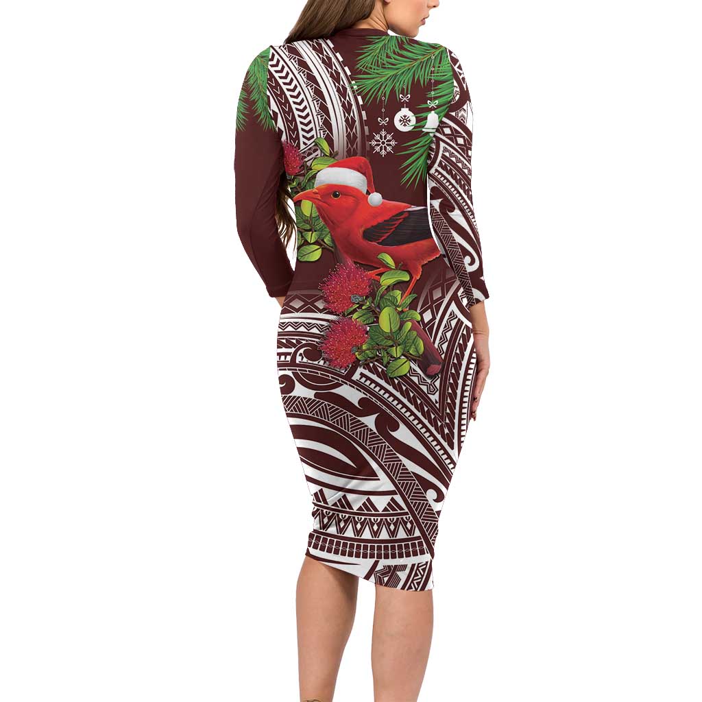 Christmas Hawaii with I'iwi Bird Family Matching Long Sleeve Bodycon Dress and Hawaiian Shirt Aloha Mele Kalikimaka - Oxblood Art LT9 - Polynesian Pride