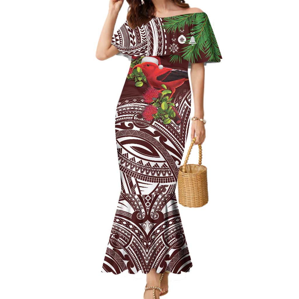 Christmas Hawaii with I'iwi Bird Family Matching Mermaid Dress and Hawaiian Shirt Aloha Mele Kalikimaka - Oxblood Art