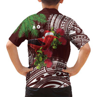 Christmas Hawaii with I'iwi Bird Family Matching Short Sleeve Bodycon Dress and Hawaiian Shirt Aloha Mele Kalikimaka - Oxblood Art LT9 - Polynesian Pride