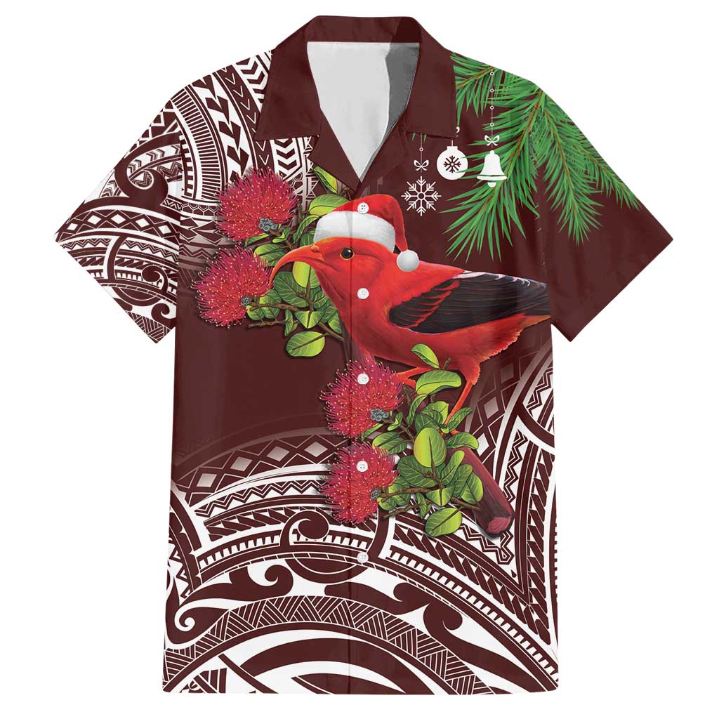 Christmas Hawaii with I'iwi Bird Family Matching Short Sleeve Bodycon Dress and Hawaiian Shirt Aloha Mele Kalikimaka - Oxblood Art LT9 Dad's Shirt - Short Sleeve Oxblood - Polynesian Pride