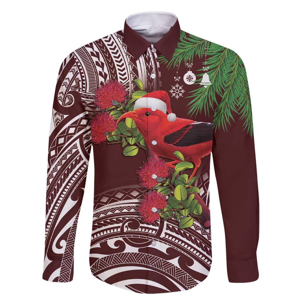 Christmas Hawaii with I'iwi Bird Family Matching Short Sleeve Bodycon Dress and Hawaiian Shirt Aloha Mele Kalikimaka - Oxblood Art LT9 Dad's Shirt - Long Sleeve Oxblood - Polynesian Pride