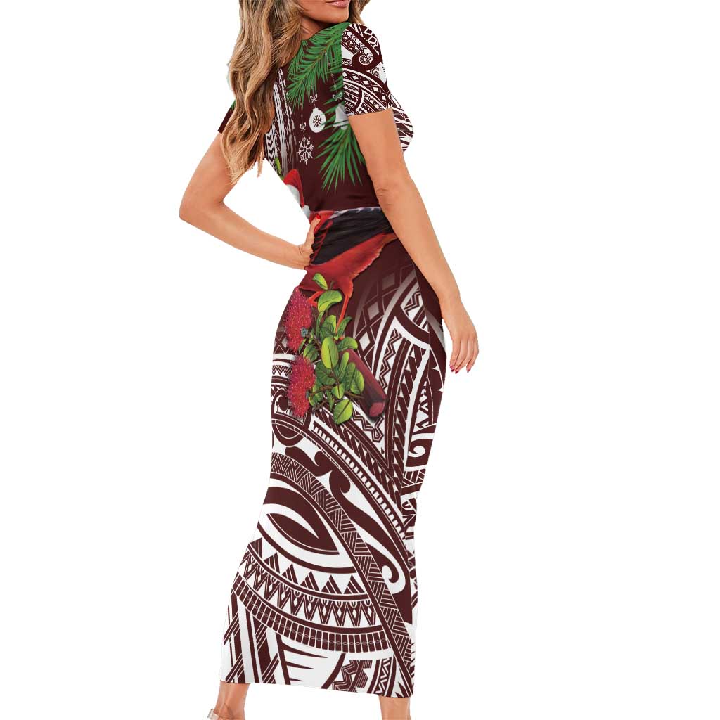 Christmas Hawaii with I'iwi Bird Family Matching Short Sleeve Bodycon Dress and Hawaiian Shirt Aloha Mele Kalikimaka - Oxblood Art LT9 - Polynesian Pride