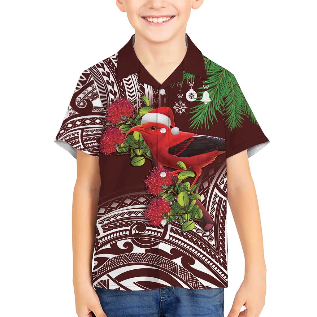 Christmas Hawaii with I'iwi Bird Family Matching Short Sleeve Bodycon Dress and Hawaiian Shirt Aloha Mele Kalikimaka - Oxblood Art LT9 Son's Shirt Oxblood - Polynesian Pride
