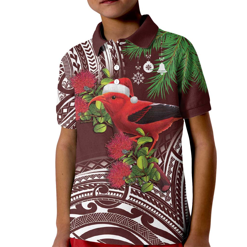 Christmas Hawaii with I'iwi Bird Kid Polo Shirt Aloha Mele Kalikimaka - Oxblood Art