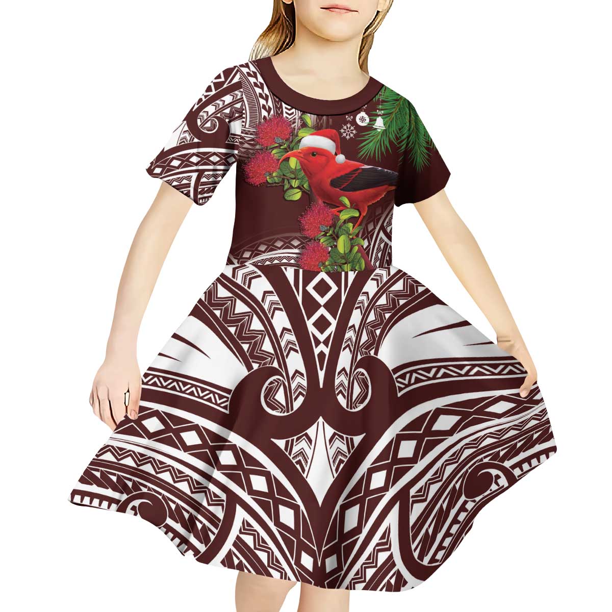 Christmas Hawaii with I'iwi Bird Kid Short Sleeve Dress Aloha Mele Kalikimaka - Oxblood Art