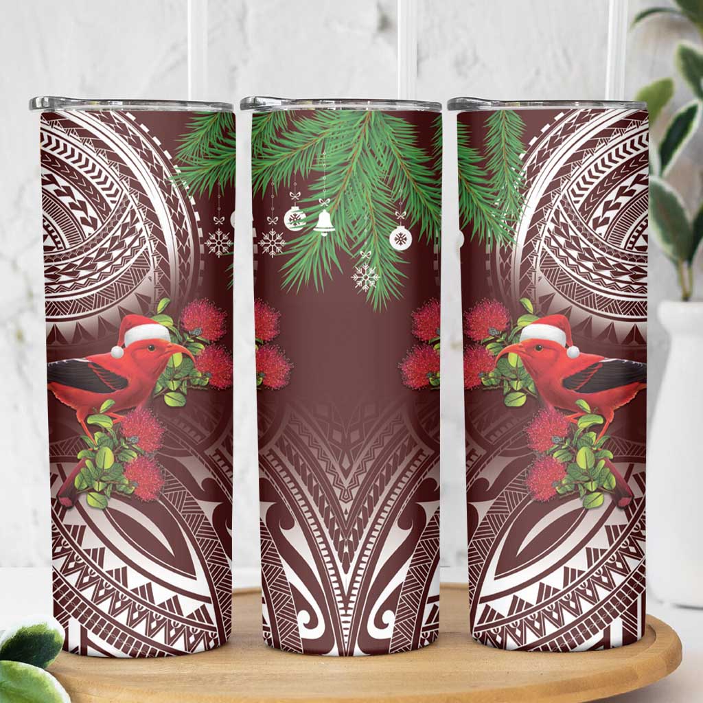 Christmas Hawaii with I'iwi Bird Skinny Tumbler Aloha Mele Kalikimaka - Oxblood Art