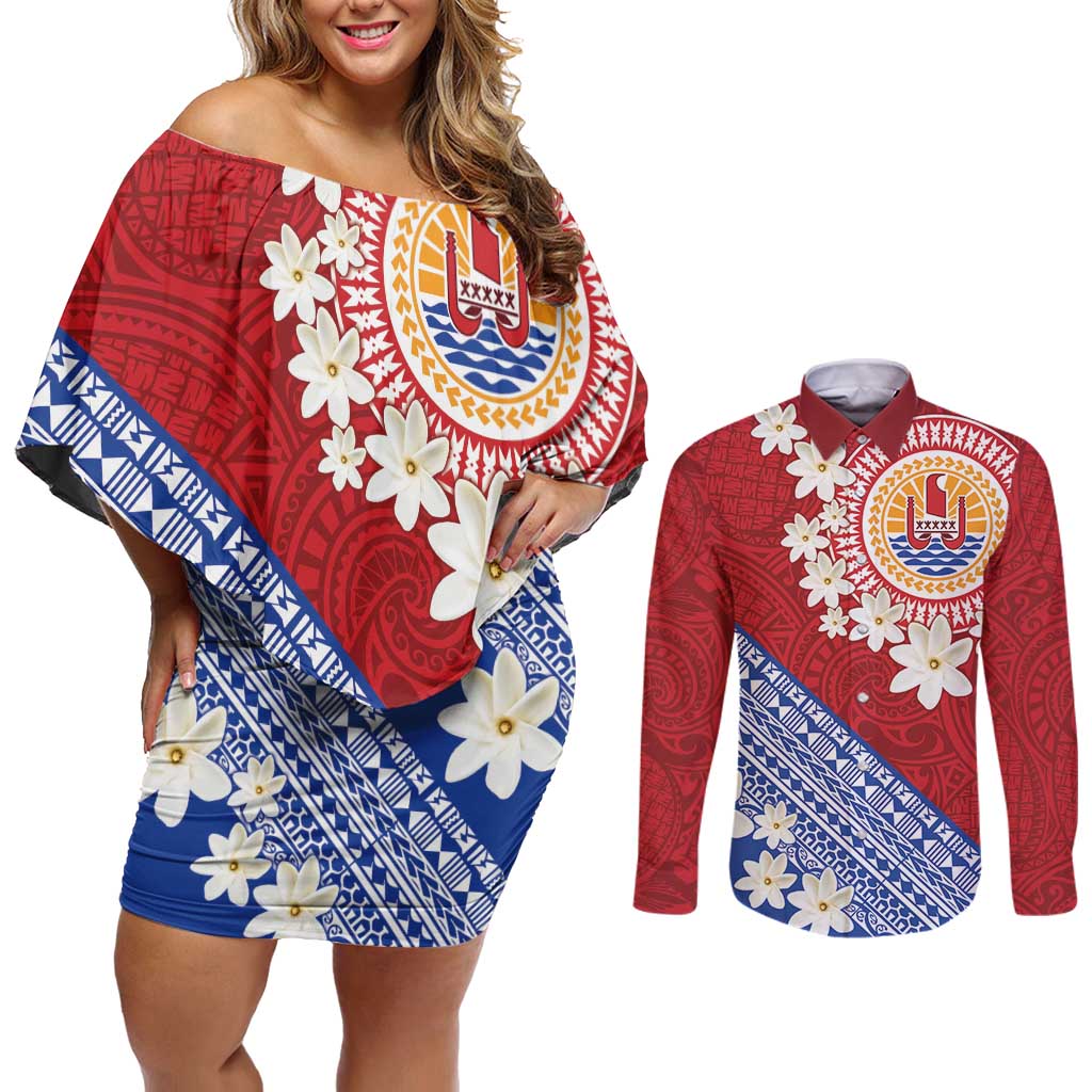 French Polynesia Couples Matching Off Shoulder Short Dress and Long Sleeve Button Shirt Tahitian Tiare Flowers Tribal