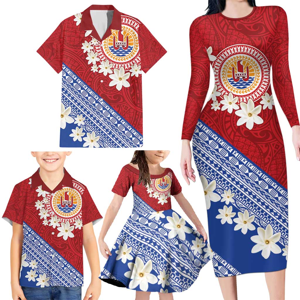 French Polynesia Family Matching Long Sleeve Bodycon Dress and Hawaiian Shirt Tahitian Tiare Flowers Tribal