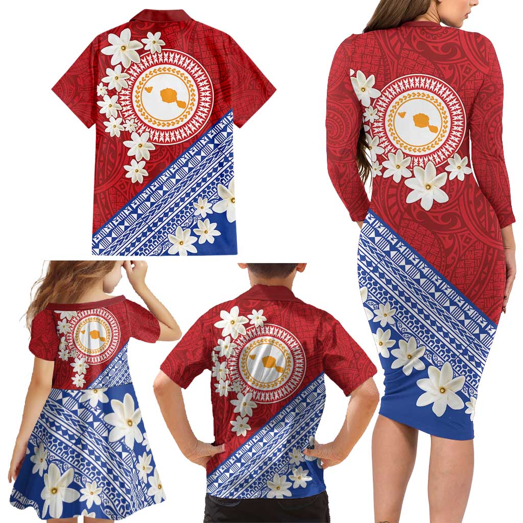 French Polynesia Family Matching Long Sleeve Bodycon Dress and Hawaiian Shirt Tahitian Tiare Flowers Tribal LT9 - Polynesian Pride