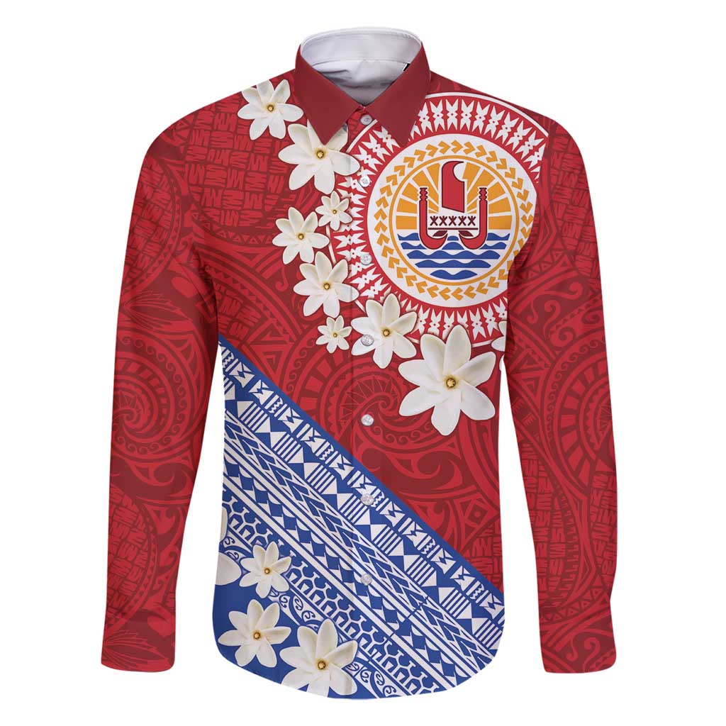 French Polynesia Family Matching Long Sleeve Bodycon Dress and Hawaiian Shirt Tahitian Tiare Flowers Tribal LT9 Dad's Shirt - Long Sleeve Red - Polynesian Pride