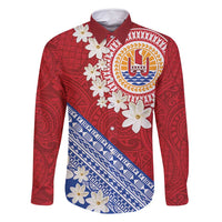 French Polynesia Family Matching Long Sleeve Bodycon Dress and Hawaiian Shirt Tahitian Tiare Flowers Tribal LT9 Dad's Shirt - Long Sleeve Red - Polynesian Pride