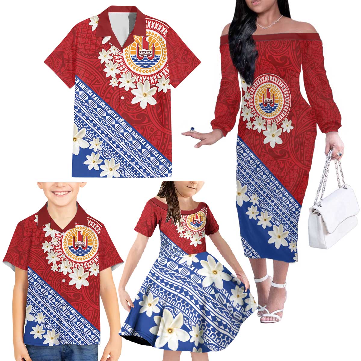 French Polynesia Family Matching Off The Shoulder Long Sleeve Dress and Hawaiian Shirt Tahitian Tiare Flowers Tribal