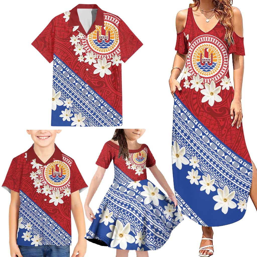 French Polynesia Family Matching Summer Maxi Dress and Hawaiian Shirt Tahitian Tiare Flowers Tribal