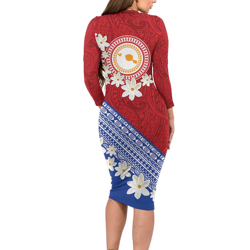 French Polynesia Long Sleeve Bodycon Dress Tahitian Tiare Flowers Tribal