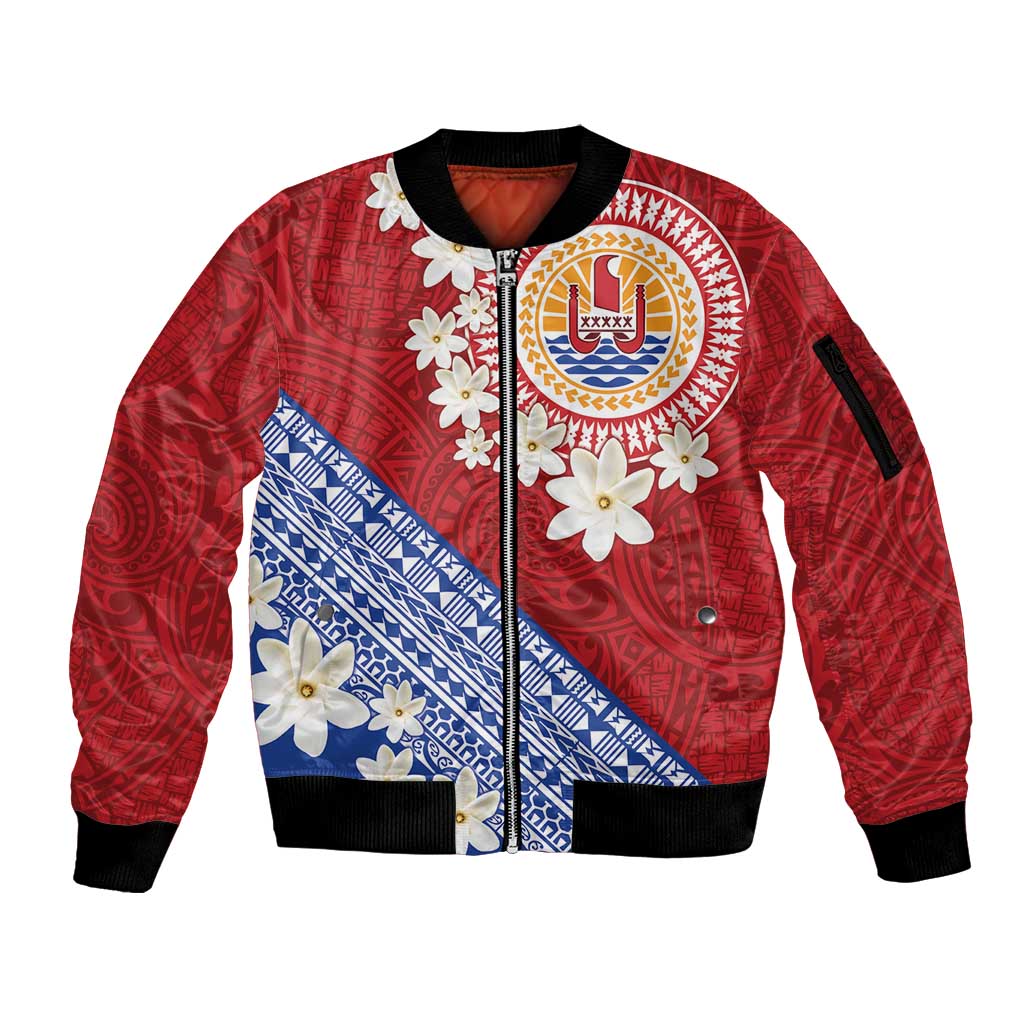 French Polynesia Sleeve Zip Bomber Jacket Tahitian Tiare Flowers Tribal