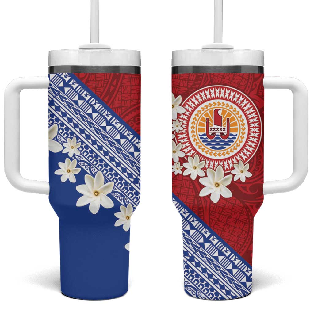 French Polynesia Tumbler With Handle Tahitian Tiare Flowers Tribal