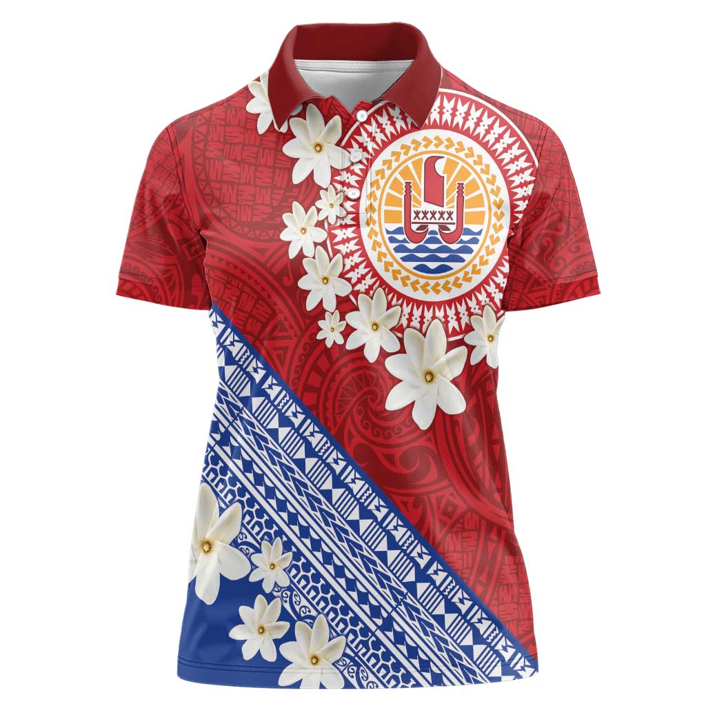 French Polynesia Women Polo Shirt Tahitian Tiare Flowers Tribal