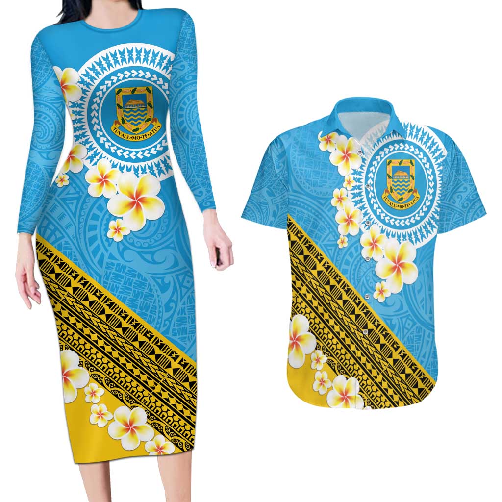 Tuvalu Plumeria Flowers Couples Matching Long Sleeve Bodycon Dress and Hawaiian Shirt Polynesian Tribal Pattern