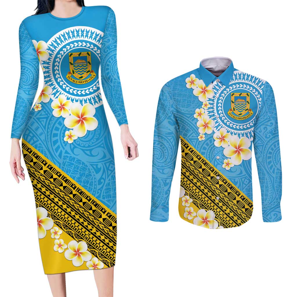 Tuvalu Plumeria Flowers Couples Matching Long Sleeve Bodycon Dress and Long Sleeve Button Shirt Polynesian Tribal Pattern