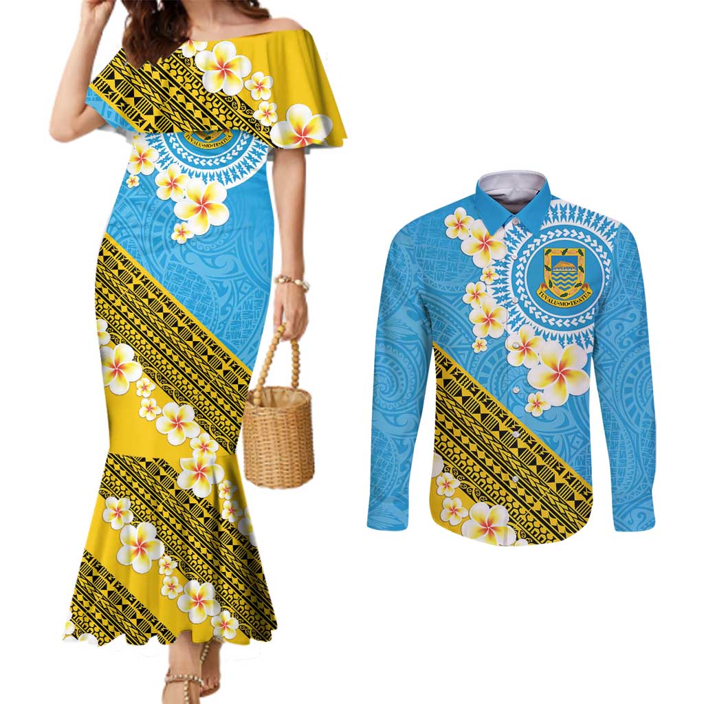 Tuvalu Plumeria Flowers Couples Matching Mermaid Dress and Long Sleeve Button Shirt Polynesian Tribal Pattern