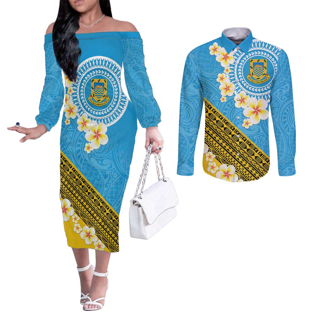 Tuvalu Plumeria Flowers Couples Matching Off The Shoulder Long Sleeve Dress and Long Sleeve Button Shirt Polynesian Tribal Pattern