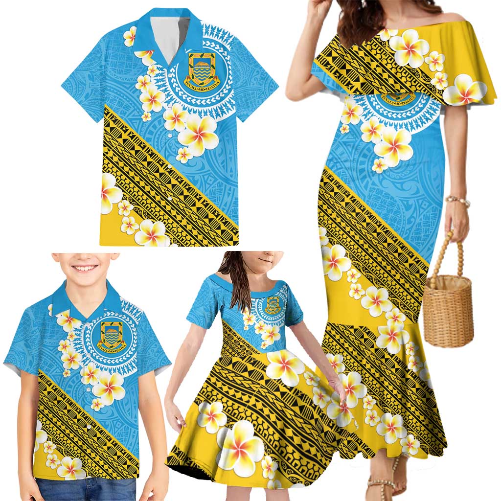 Tuvalu Plumeria Flowers Family Matching Mermaid Dress and Hawaiian Shirt Polynesian Tribal Pattern