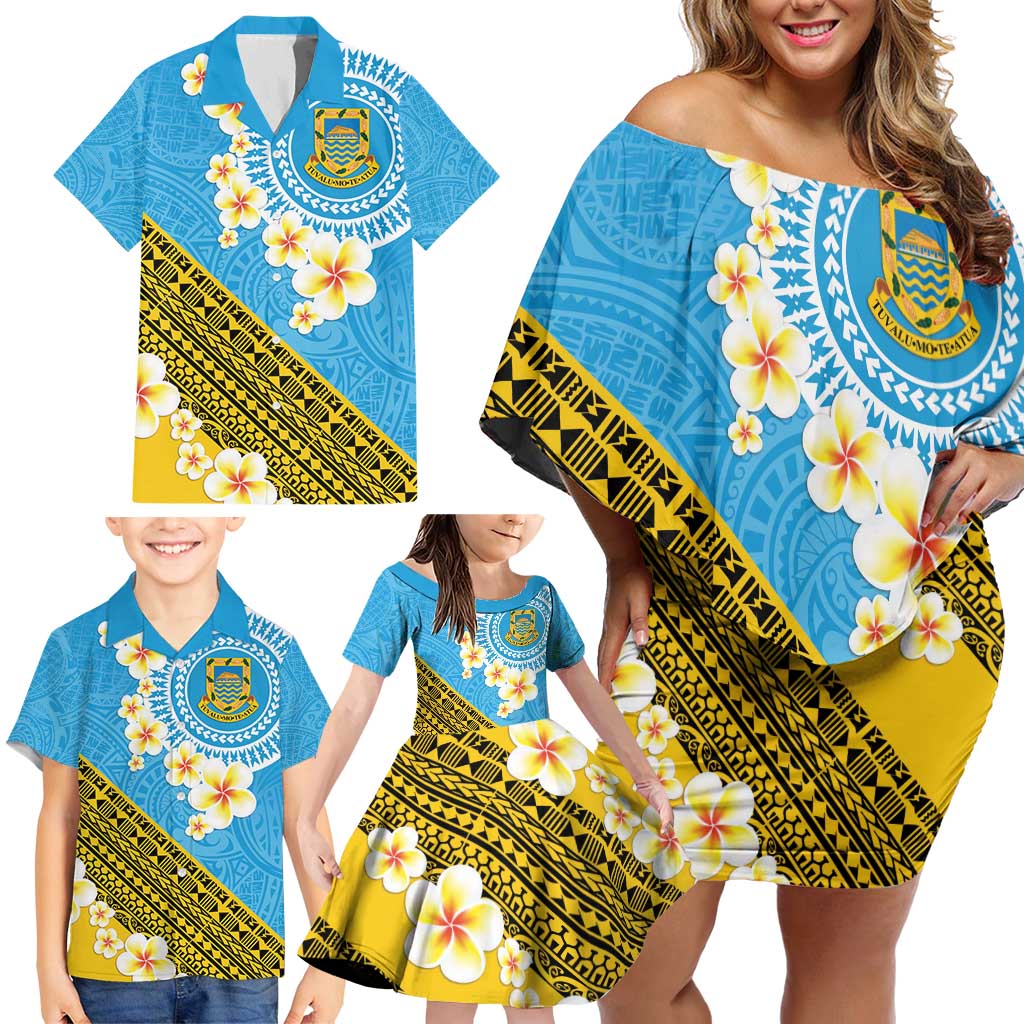 Tuvalu Plumeria Flowers Family Matching Off Shoulder Short Dress and Hawaiian Shirt Polynesian Tribal Pattern