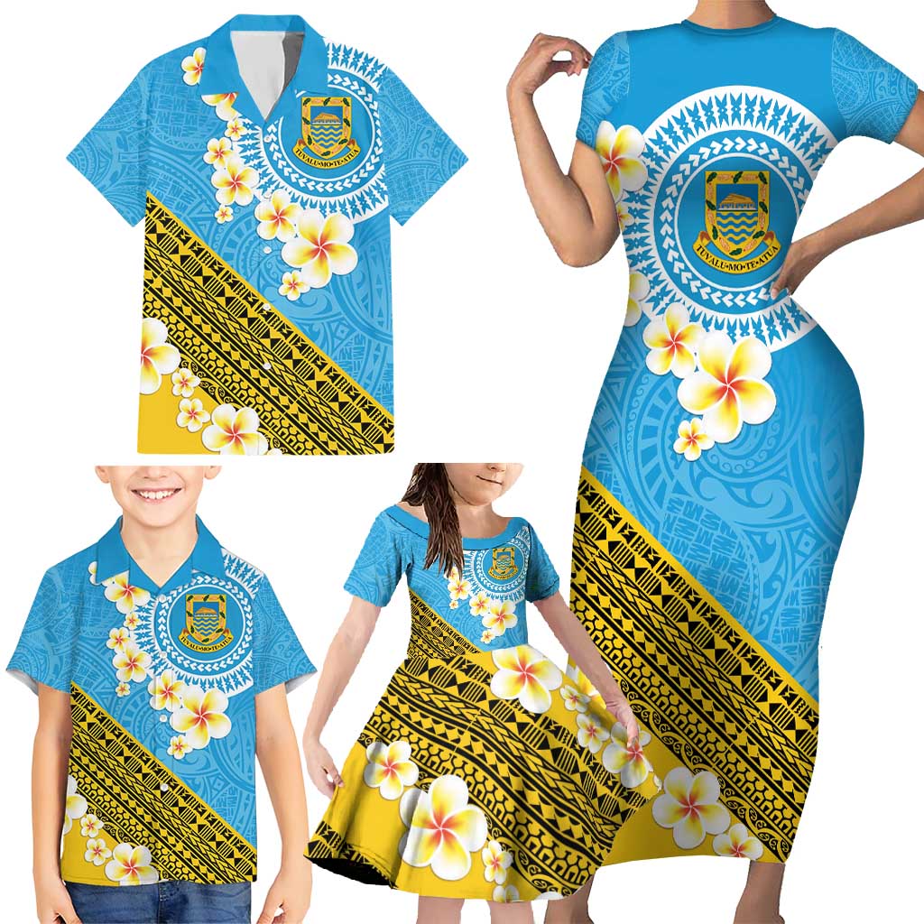 Tuvalu Plumeria Flowers Family Matching Short Sleeve Bodycon Dress and Hawaiian Shirt Polynesian Tribal Pattern