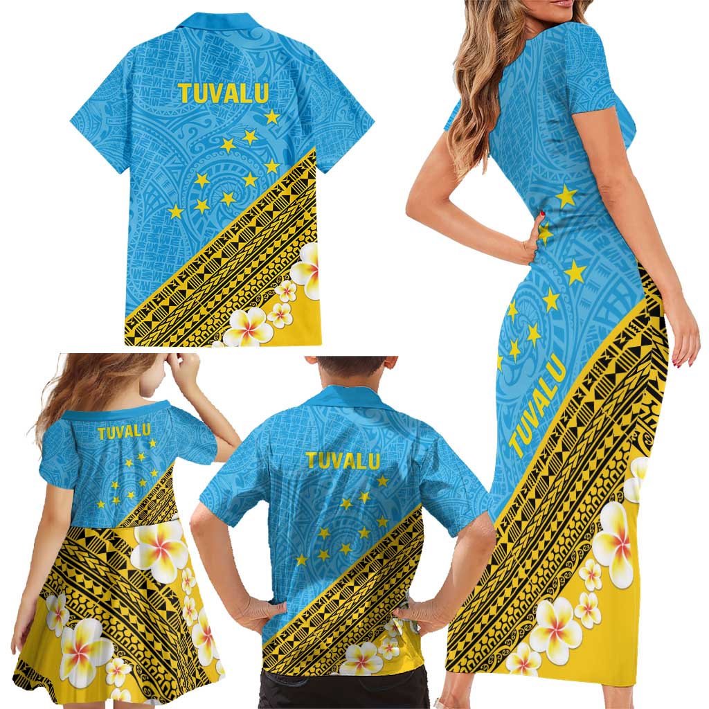 Tuvalu Plumeria Flowers Family Matching Short Sleeve Bodycon Dress and Hawaiian Shirt Polynesian Tribal Pattern