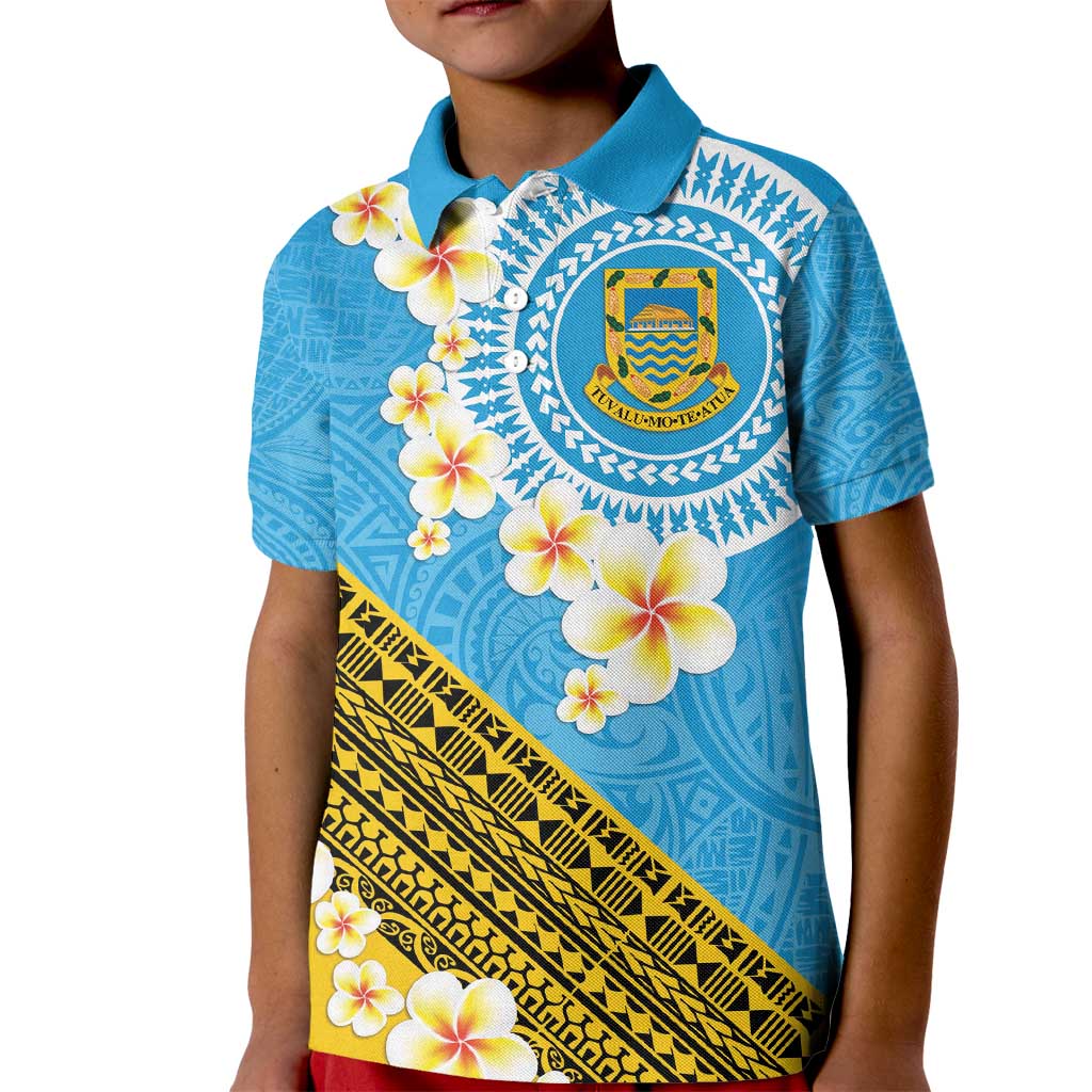 Tuvalu Plumeria Flowers Kid Polo Shirt Polynesian Tribal Pattern